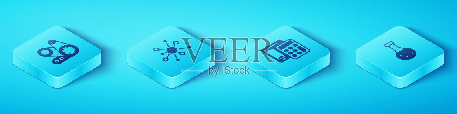 设置等距同步带套件，分子，试管和计算器图标。向量图标素材