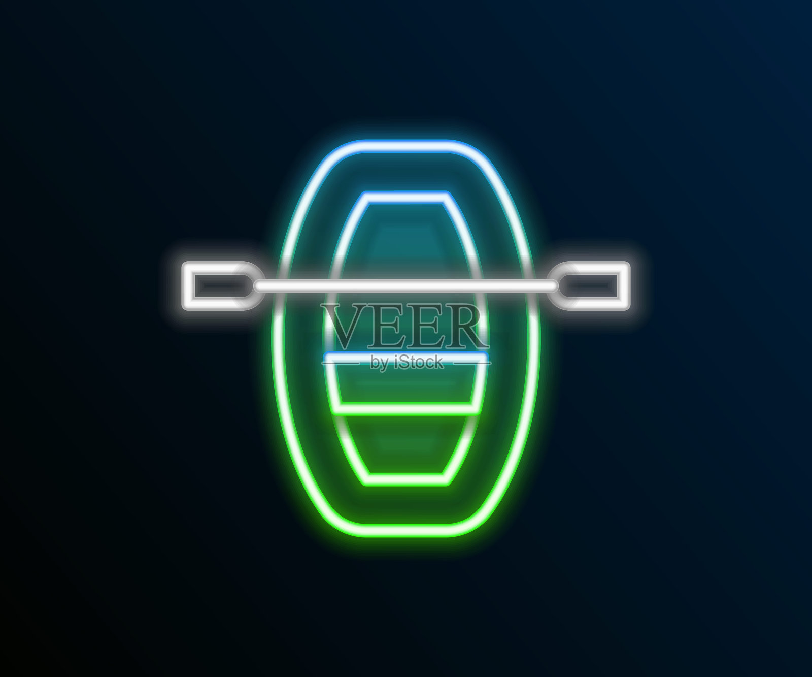 发光的霓虹灯线船与桨图标隔离在黑色背景。水上运动，极限运动，度假，度假，团队建设。彩色轮廓概念。向量插画图片素材