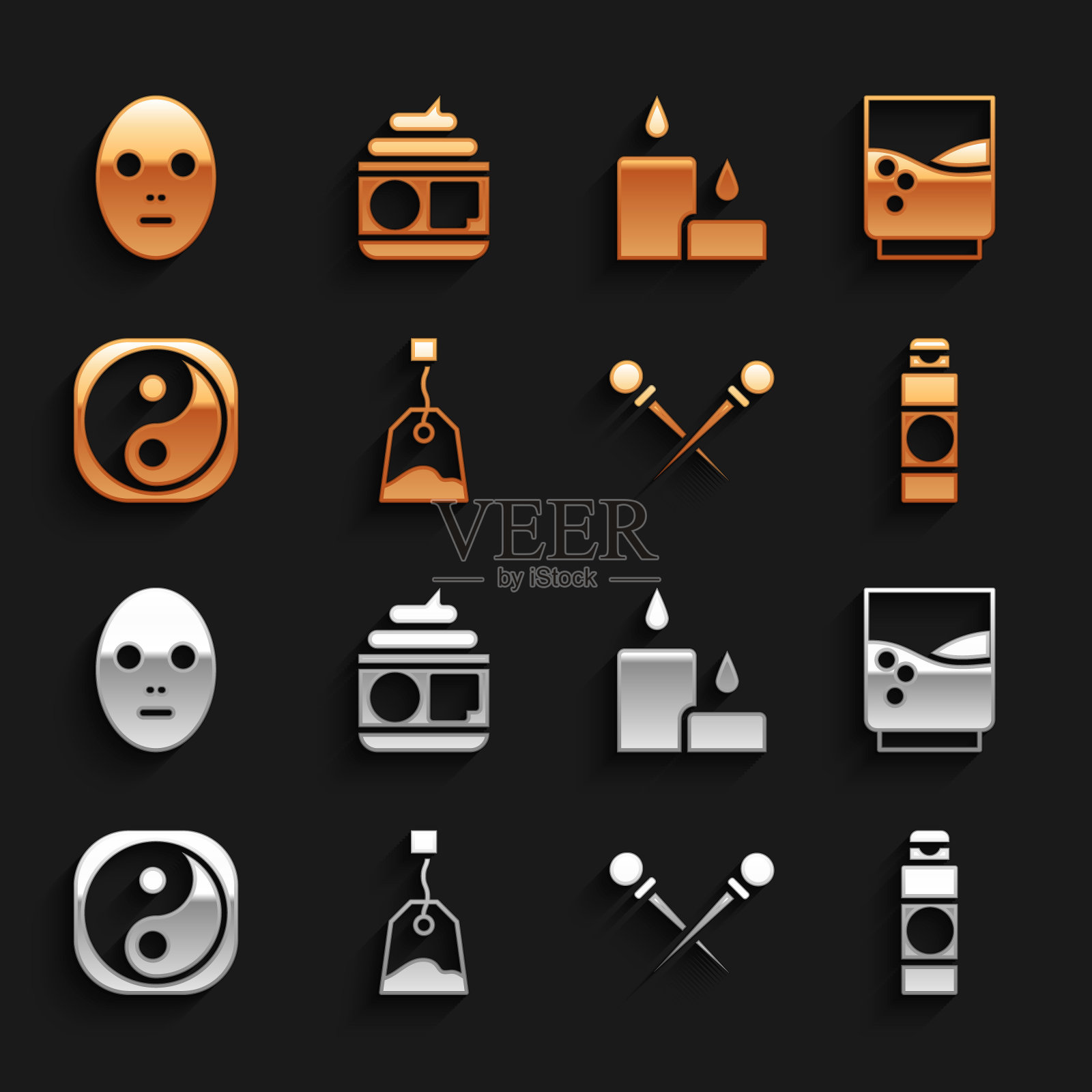 茶包，玻璃杯，水，霜或乳液化妆管，针织针，阴阳，燃烧的蜡烛，面膜和图标。向量图标素材