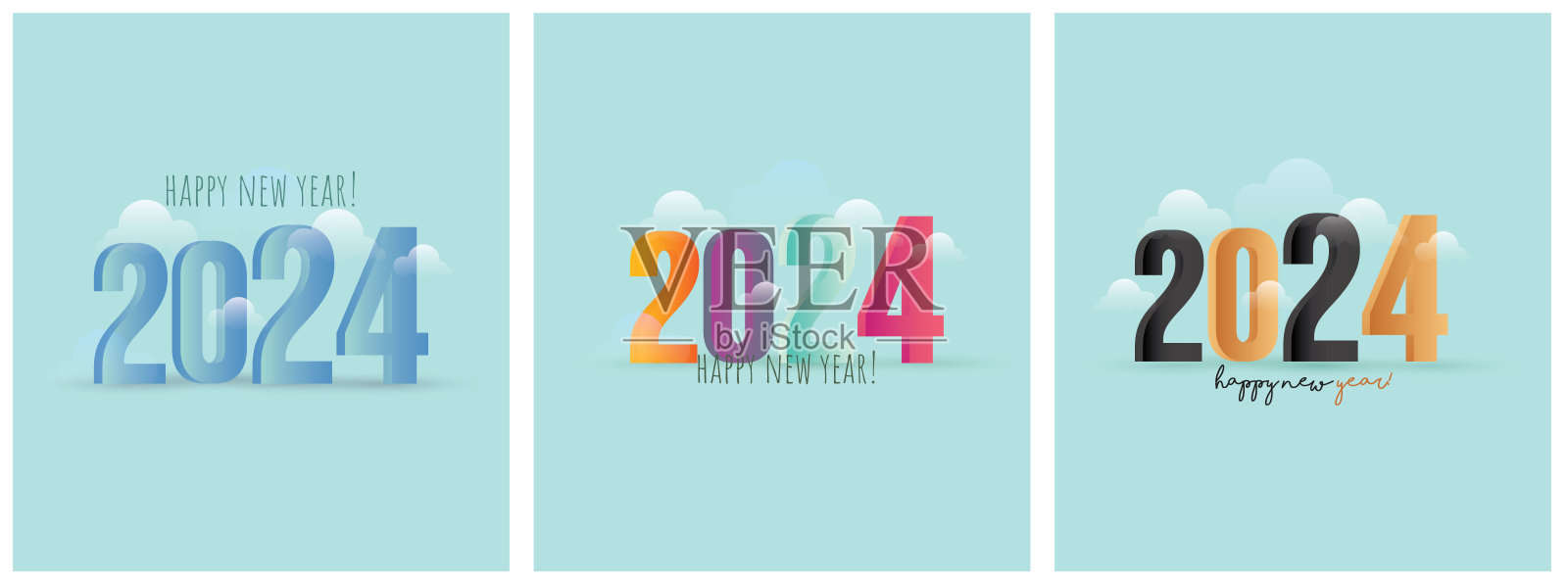 五颜六色的2024年新年封面横幅。2024年新年。2024年新年数字用渐变彩色横幅。2024年新年快乐标志文字封面照片设计。编号设计模板。三个职位。插画图片素材