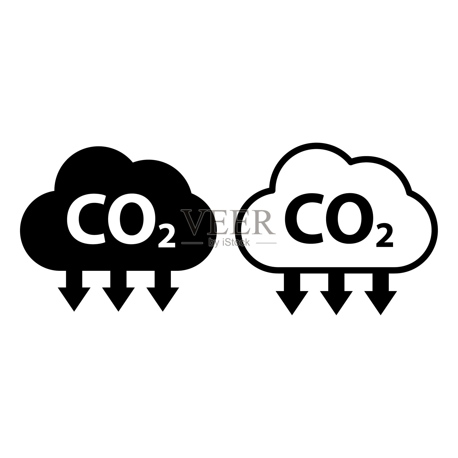 集二氧化碳减少云图标，全球清洁排放，环境生态设计符号矢量插图图标素材