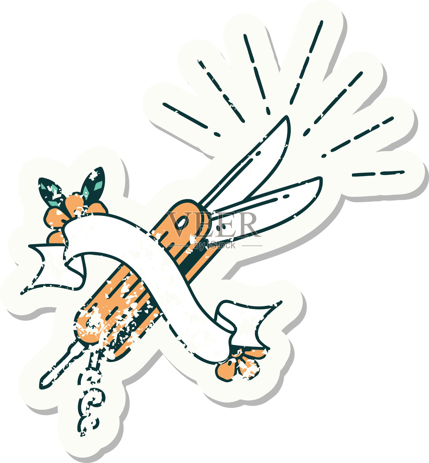 旧贴纸的纹身风格的折叠刀插画图片素材