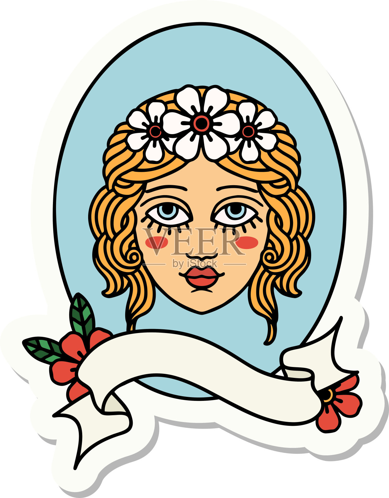 纹身风格的贴纸与旗帜的少女与花在她的头发插画图片素材