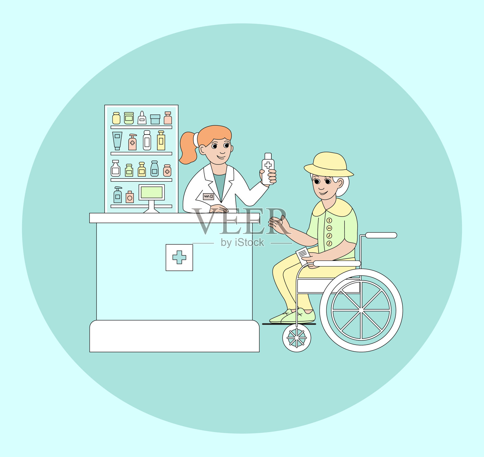 药房里坐轮椅的老妇人。插画图片素材