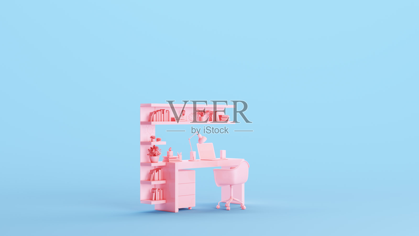 粉色办公室现代书桌抽屉椅子书架工作室空间工作场所远程工作媚俗蓝色背景四分之一视图照片摄影图片