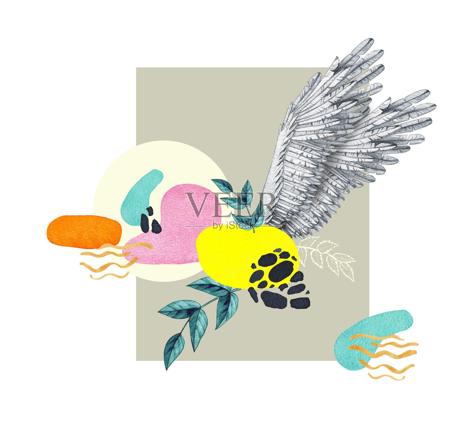 白色背景上有翅膀和斑点的水彩拼贴画插画图片素材