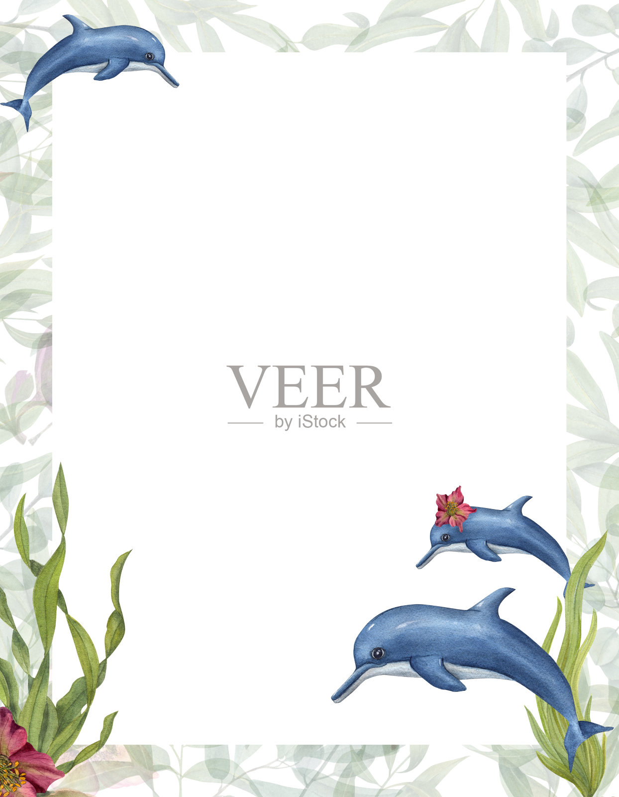 水彩卡卡通风格与海豚和海带孤立在白色背景。手绘的明信片，儿童派对海报，邀请模板插图插画图片素材