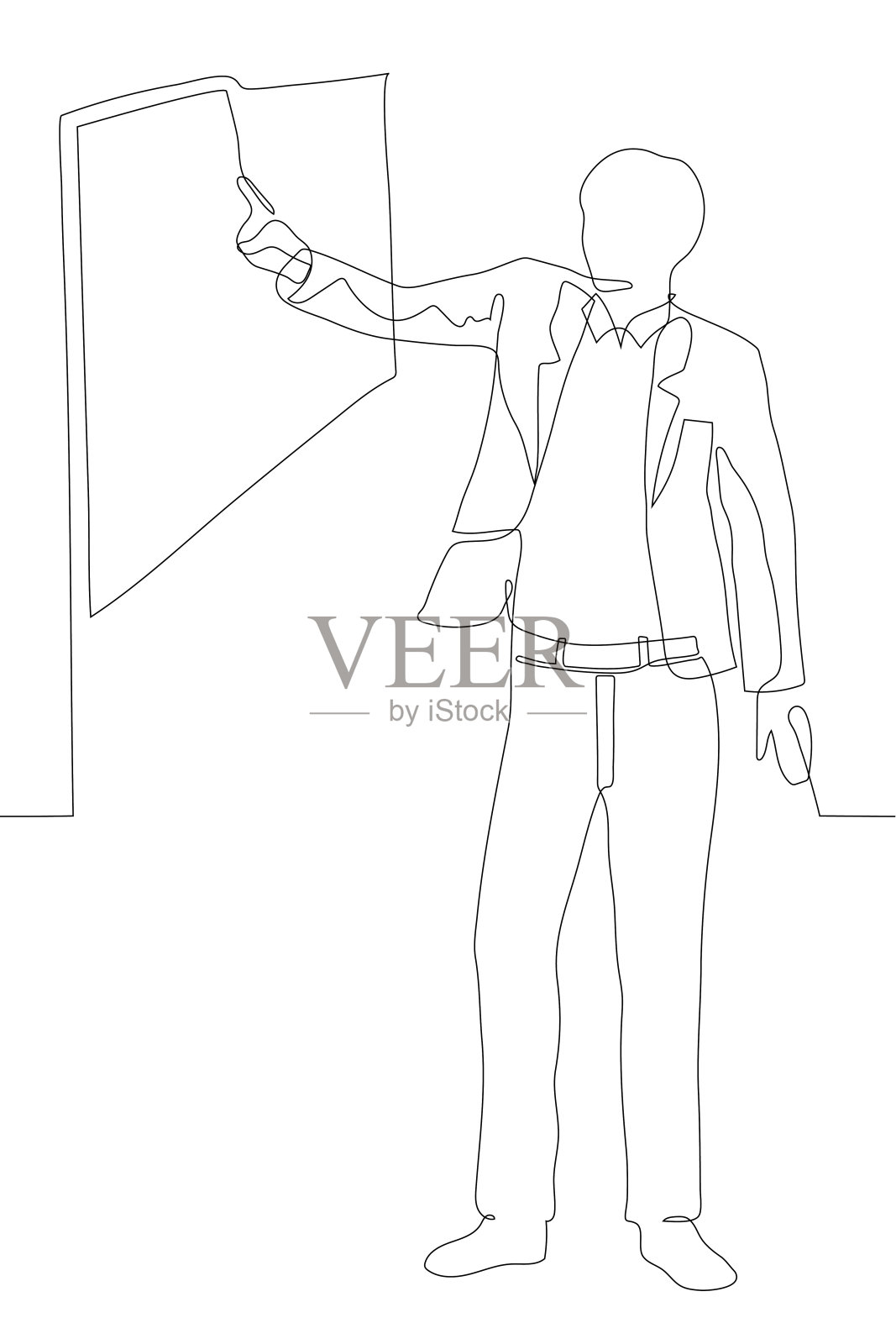 连续的一幅线条画，画的是一个穿着西装的全身男子站在一块空板前，在板的中央显示着什么东西。业务演示、培训、计划插画图片素材