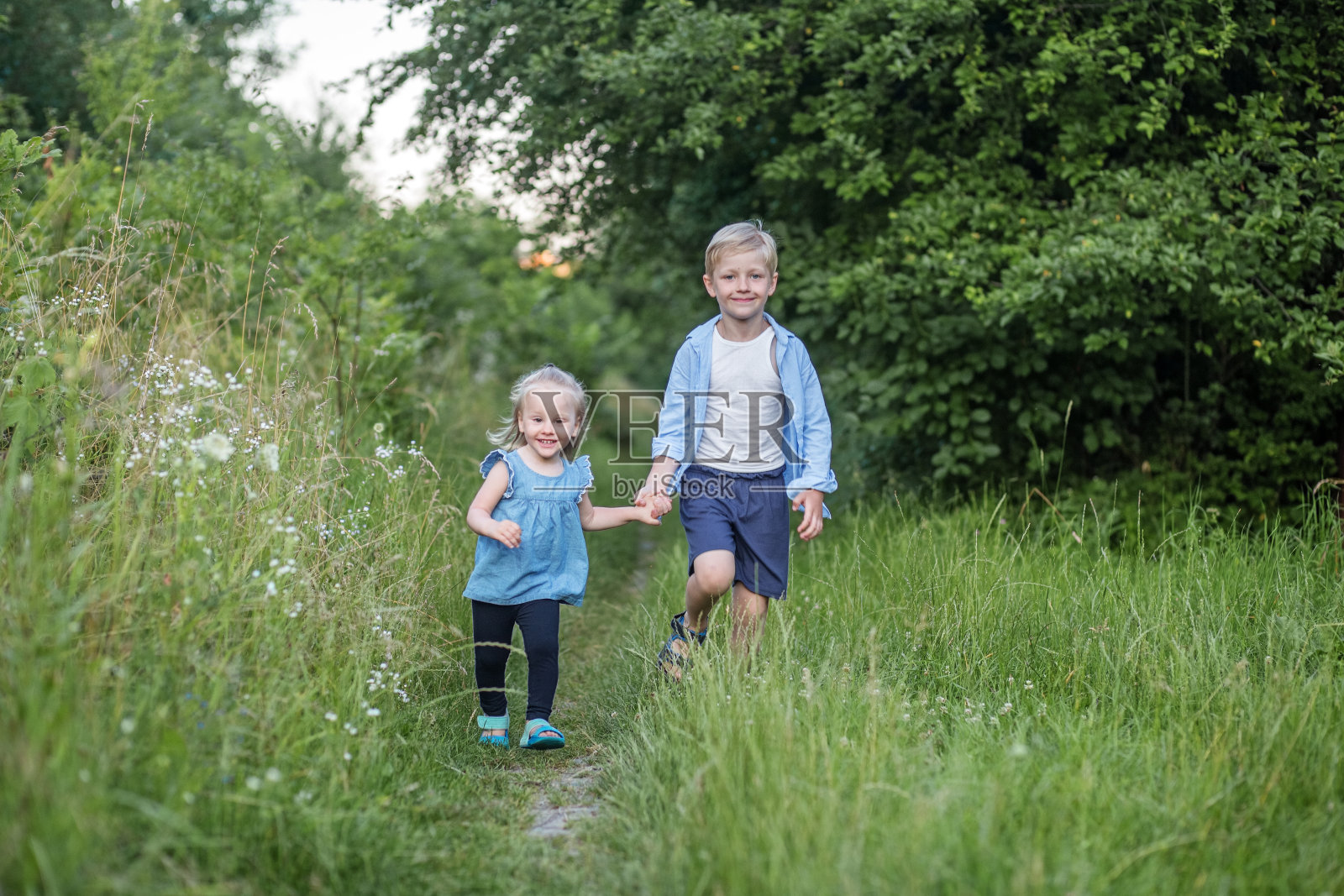 小朋友们，兄妹俩在大自然中散步玩耍。夏天的衣服。暑假和假期。照片摄影图片