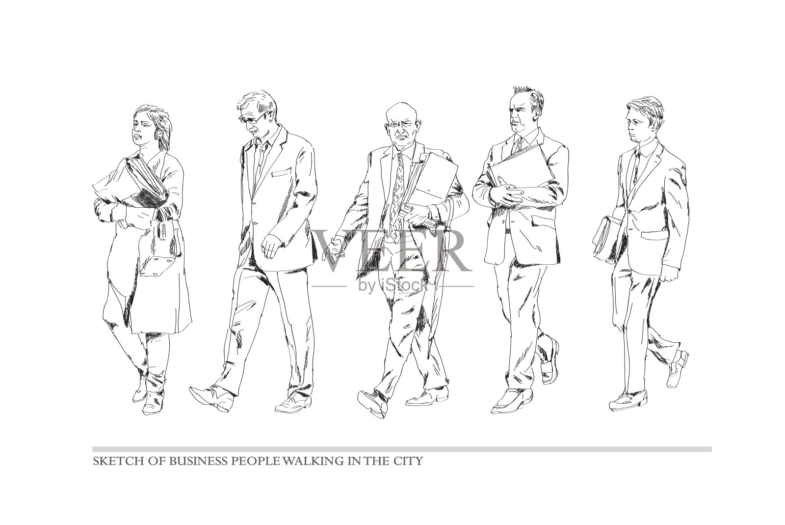 素描，一群商人走在城市里。项目的剪影集合。前视图插画图片素材