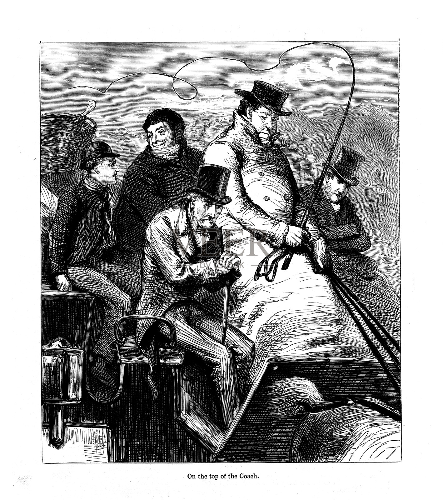 19世纪的雕刻师们挤坐在马车顶上;维多利亚时代的旅行;《话匣子》杂志1883年插画图片素材