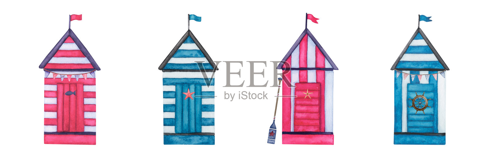 条纹木制海滩小屋。一套彩色水彩剪纸孤立在白色背景。海边的平房，大海。插画图片素材