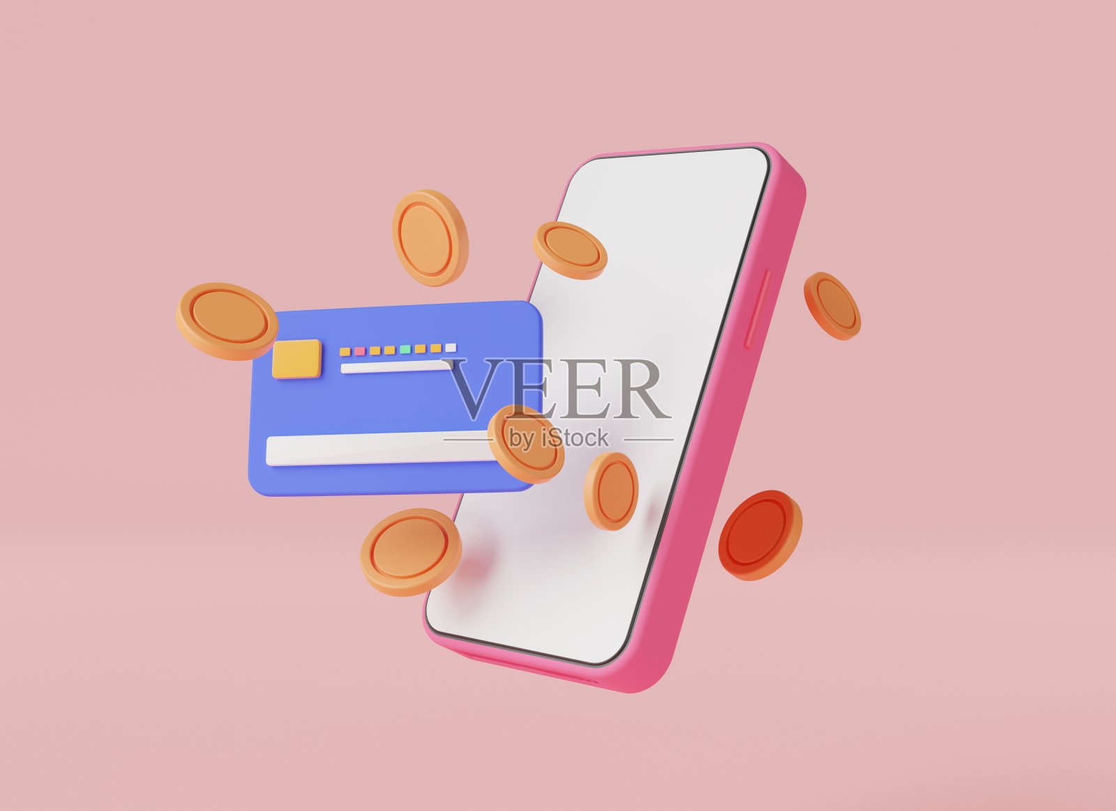 信用卡和手机上的硬币。网上支付，网上交易，手机银行，储蓄，网上购物，转账，付款。移动支付概念。三维渲染插图照片摄影图片