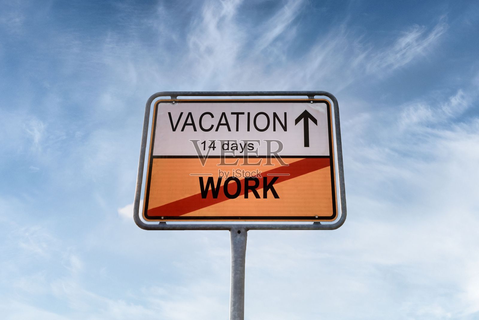 方向路标上写着“14天内休假，不得工作”照片摄影图片