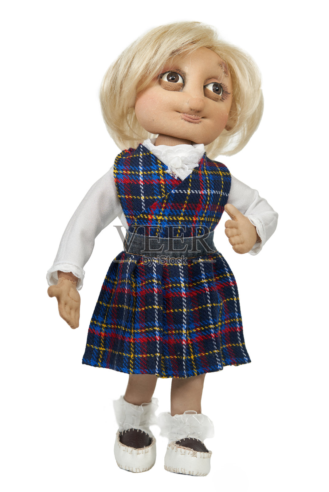金发女孩在格子校服，纺织娃娃，手工制作，库存照片照片摄影图片