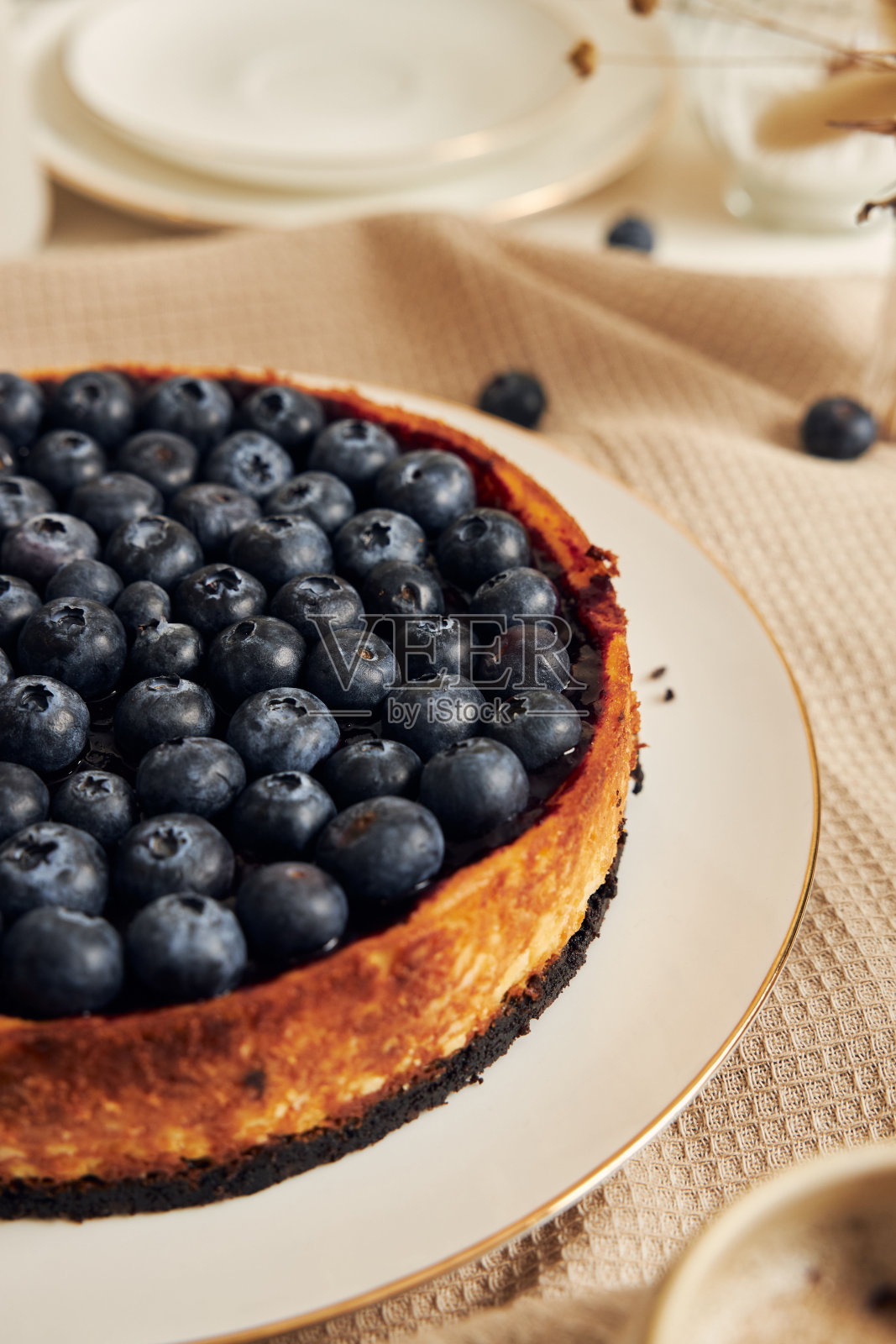 美味的纯素酸奶蓝莓蛋糕，白色的茶几照片摄影图片