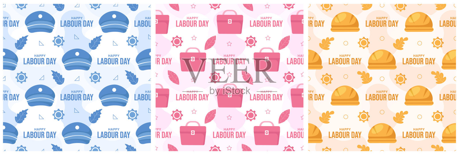 一套快乐劳动节无缝图案设计插图与不同职业的元素模板手绘插画图片素材