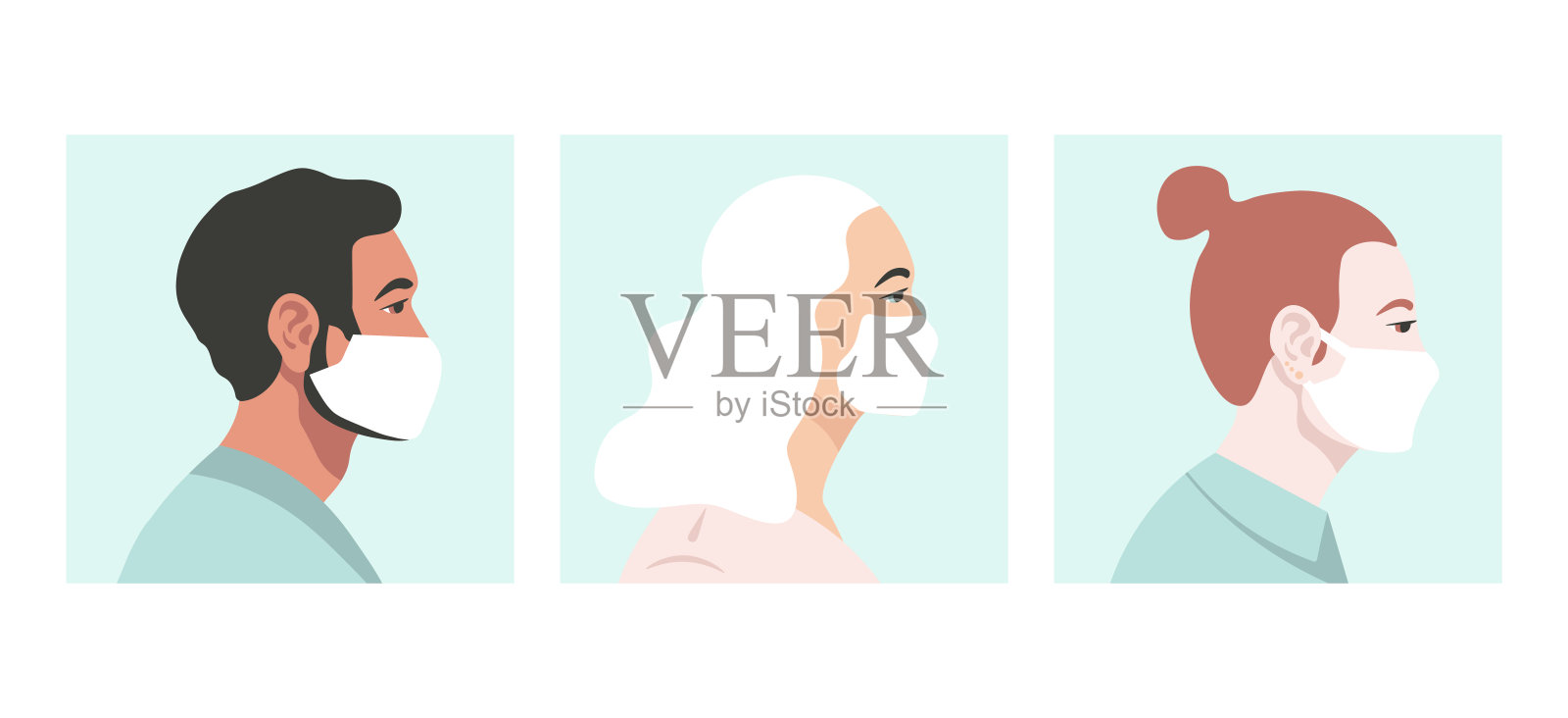 Covid 19人戴防护口罩冠状病毒白头发女孩戴口罩平面矢量插图插画图片素材