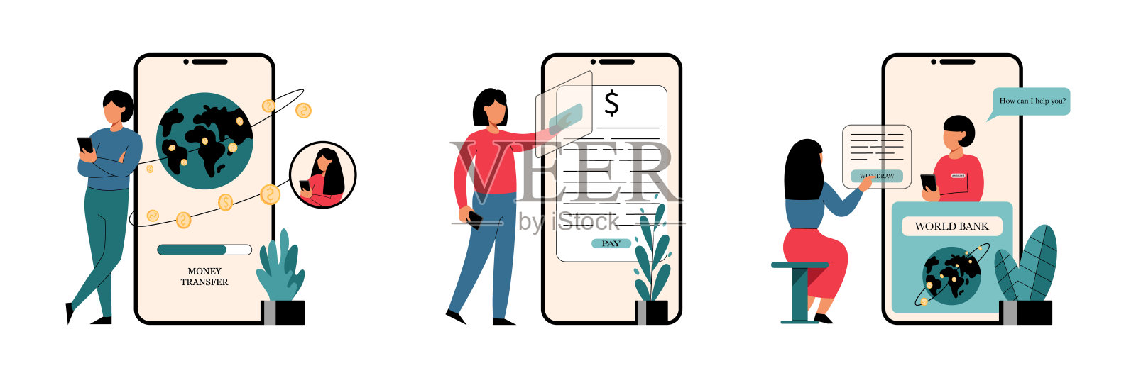 一组女性卡通人物使用手机银行应用程序插画图片素材