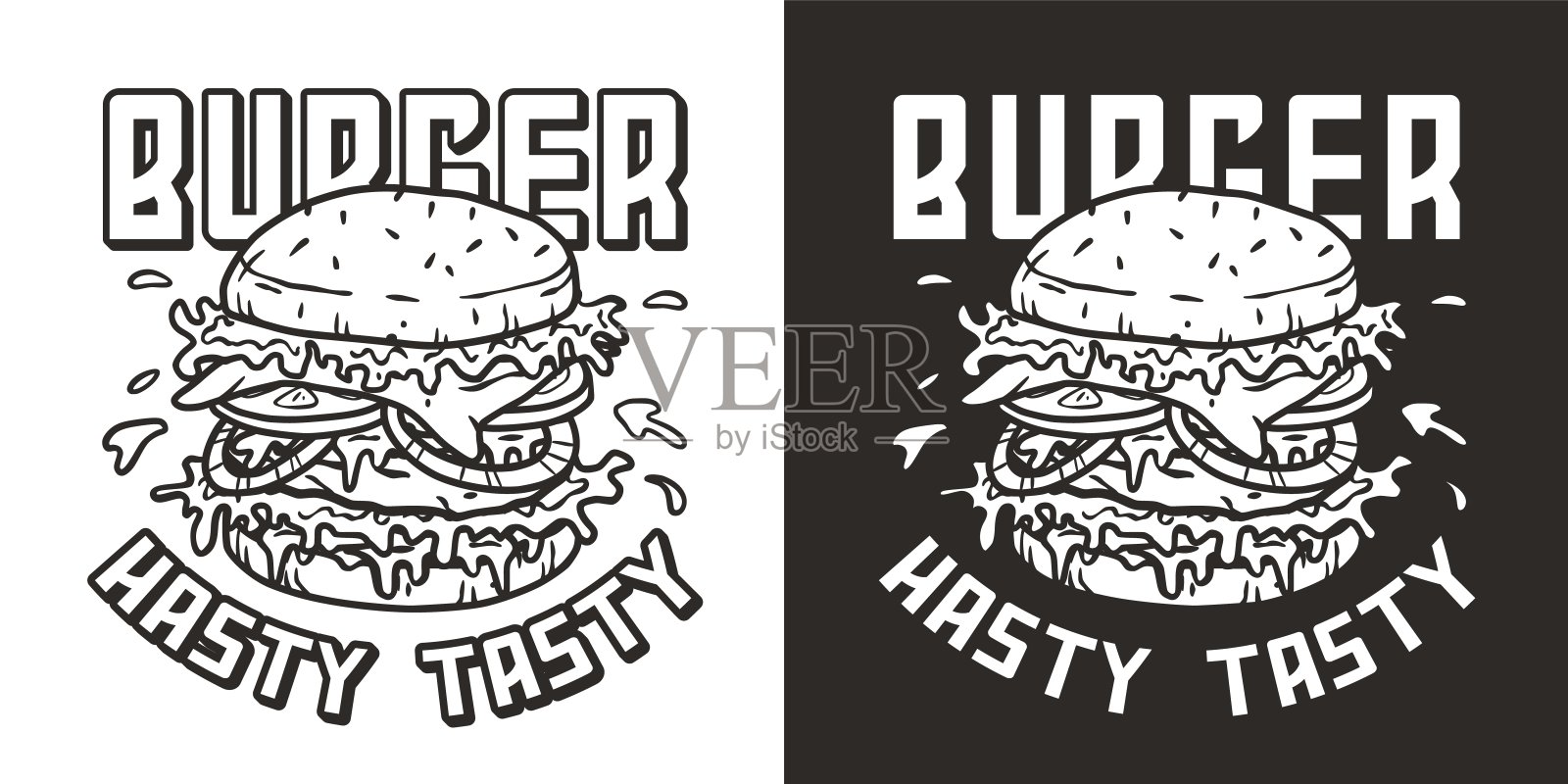 以肉、奶酪和蔬菜为标志或标志的汉堡。美式快餐或汉堡海报。美国食品，有面包，生菜，奶酪，番茄，洋葱，肉排插画图片素材