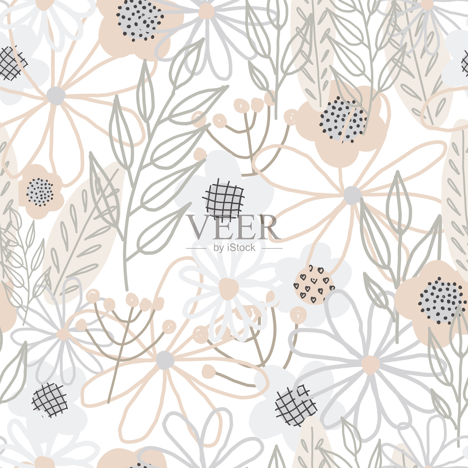 春天无缝图案的孩子可爱。花卉无缝图案与许多装饰花，叶子和树枝。时装面料、童装、t恤、明信片、模板、剪贴簿等插画图片素材