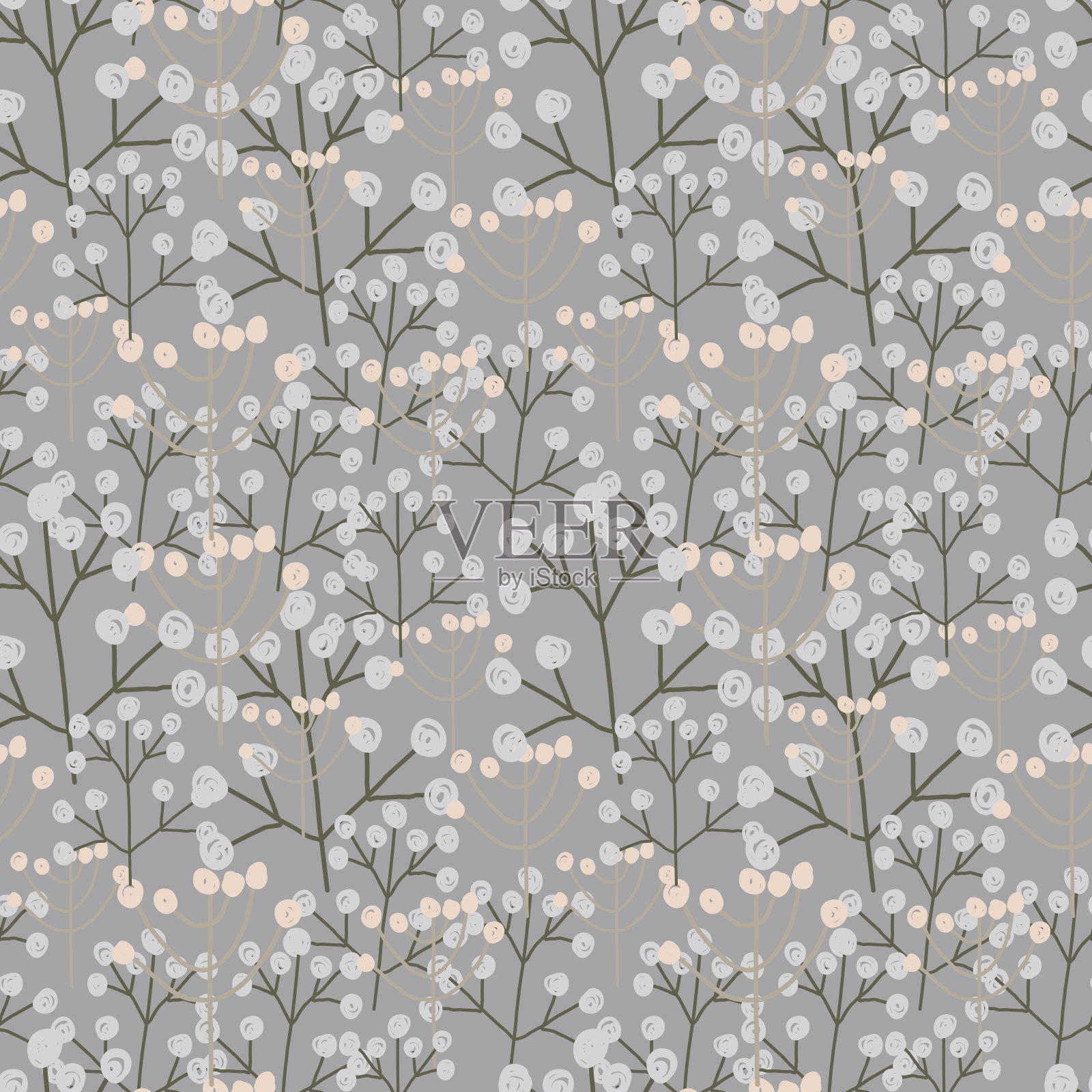 春天无缝图案的孩子可爱。花卉无缝图案与许多装饰花，叶子和树枝。时装面料、童装、t恤、明信片、模板、剪贴簿等插画图片素材