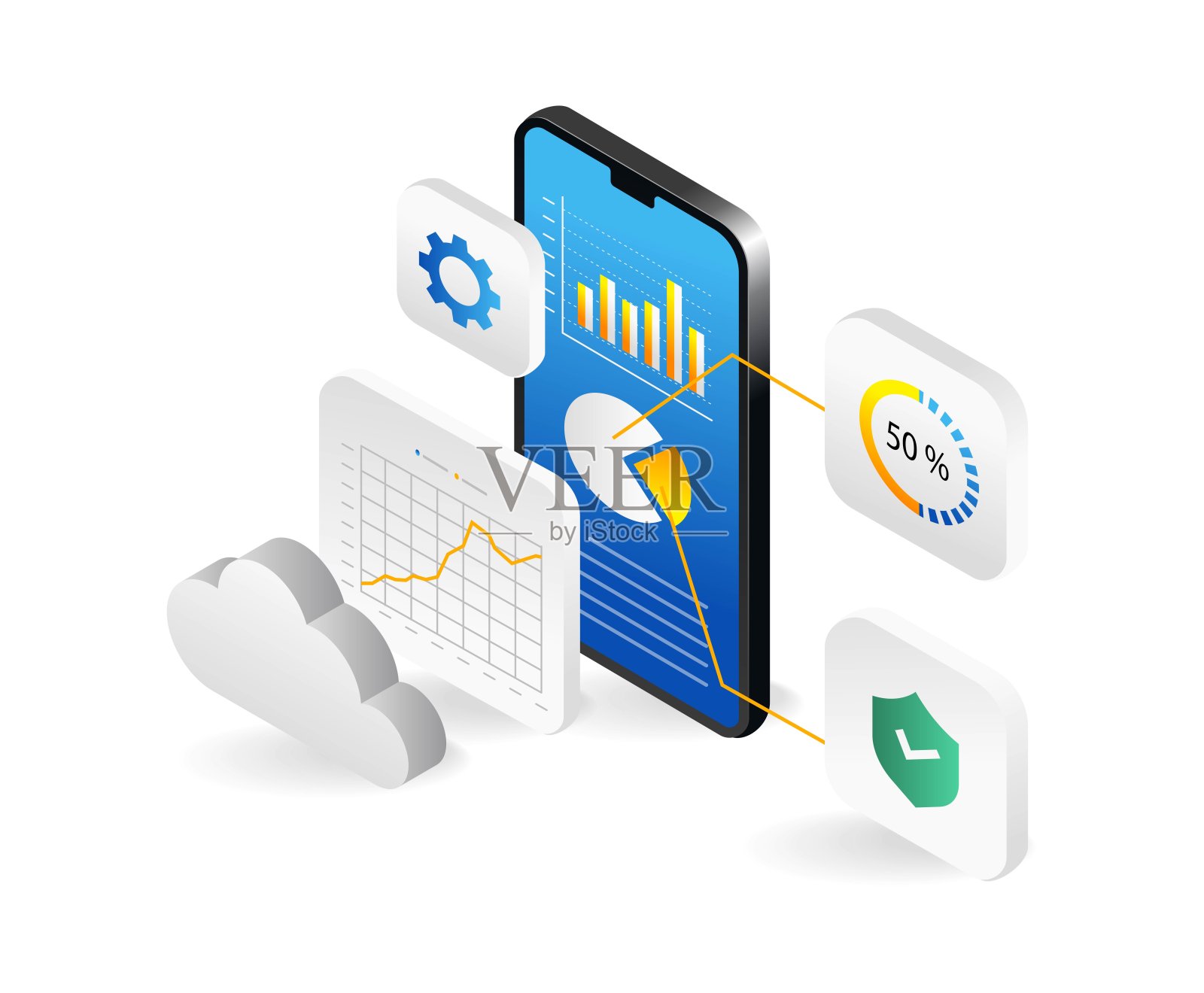 等距设计理念的移动应用开发、云计算、大数据分析。矢量图插画图片素材