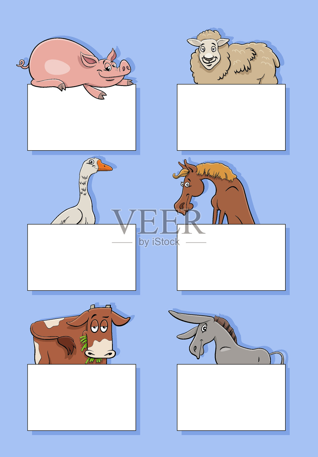 卡通农场动物与卡片或横幅设计集插画图片素材