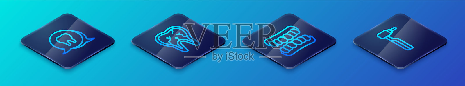 设置等距线假牙模型，牙，钻和断牙图标。向量图标素材