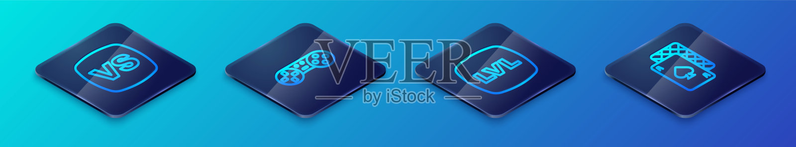 设置等距线关卡游戏，对战对战，纸牌和游戏控制器或操纵杆图标。向量插画图片素材