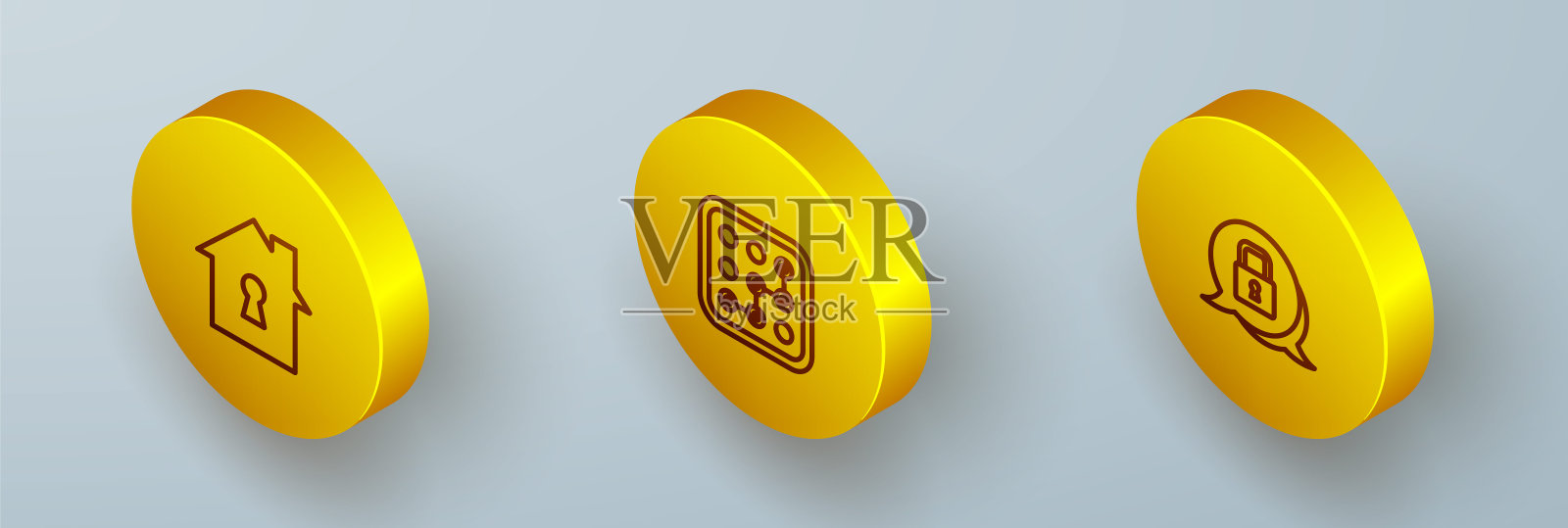 设置等距线房屋保护，图形密码和锁定图标。向量图标素材