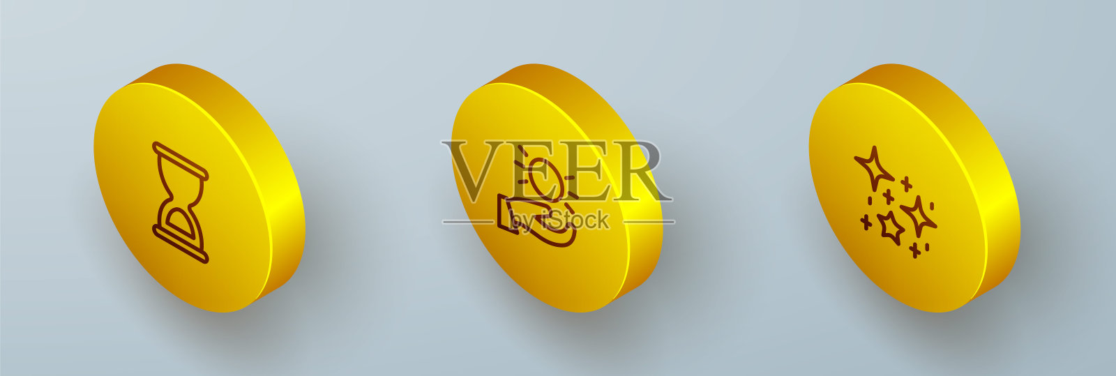 设置等距线旧沙漏，球悬浮在手上和神奇的闪光粒子图标。向量图标素材