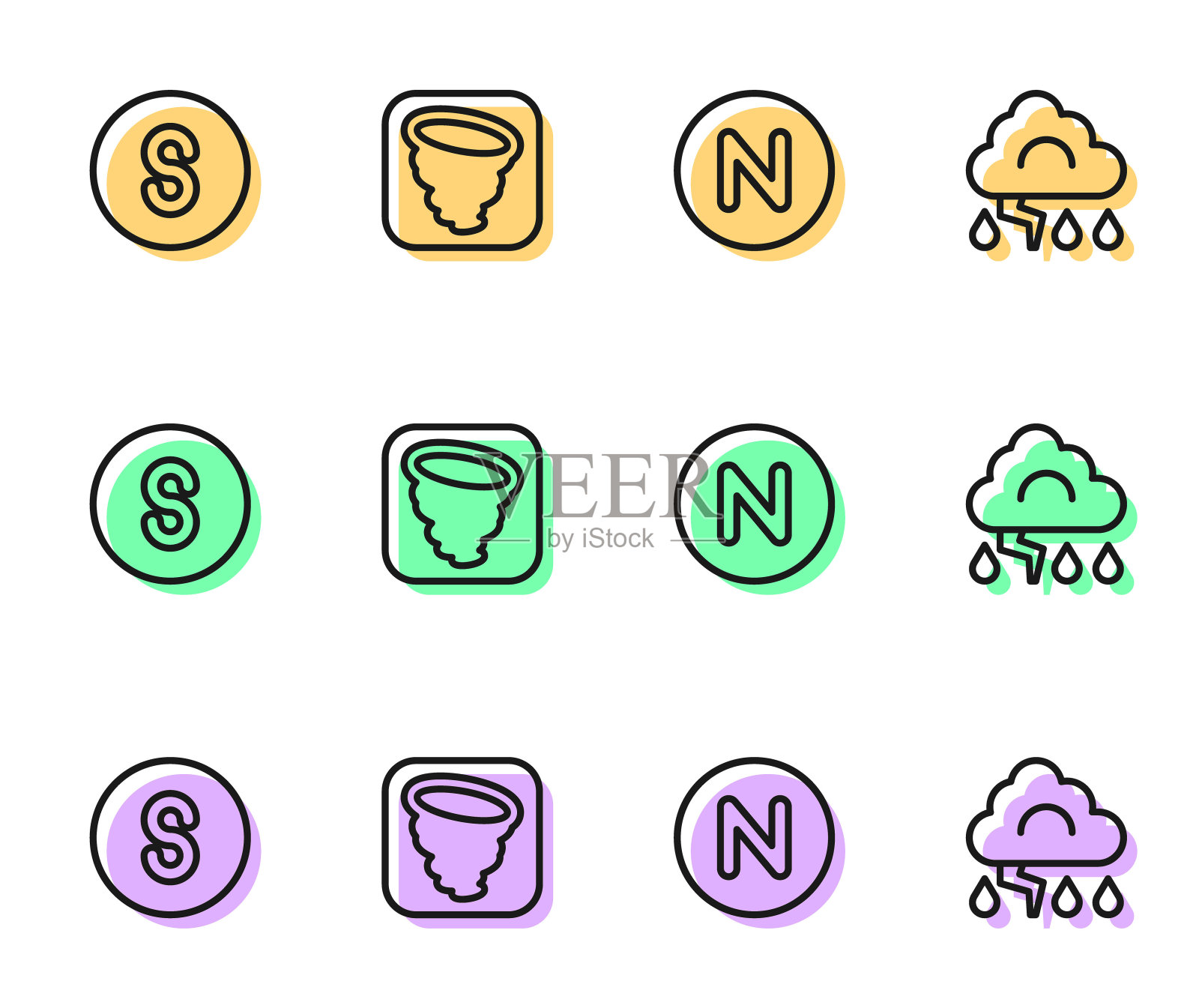 设置线罗盘北，南，龙卷风和云和闪电图标。向量图标素材