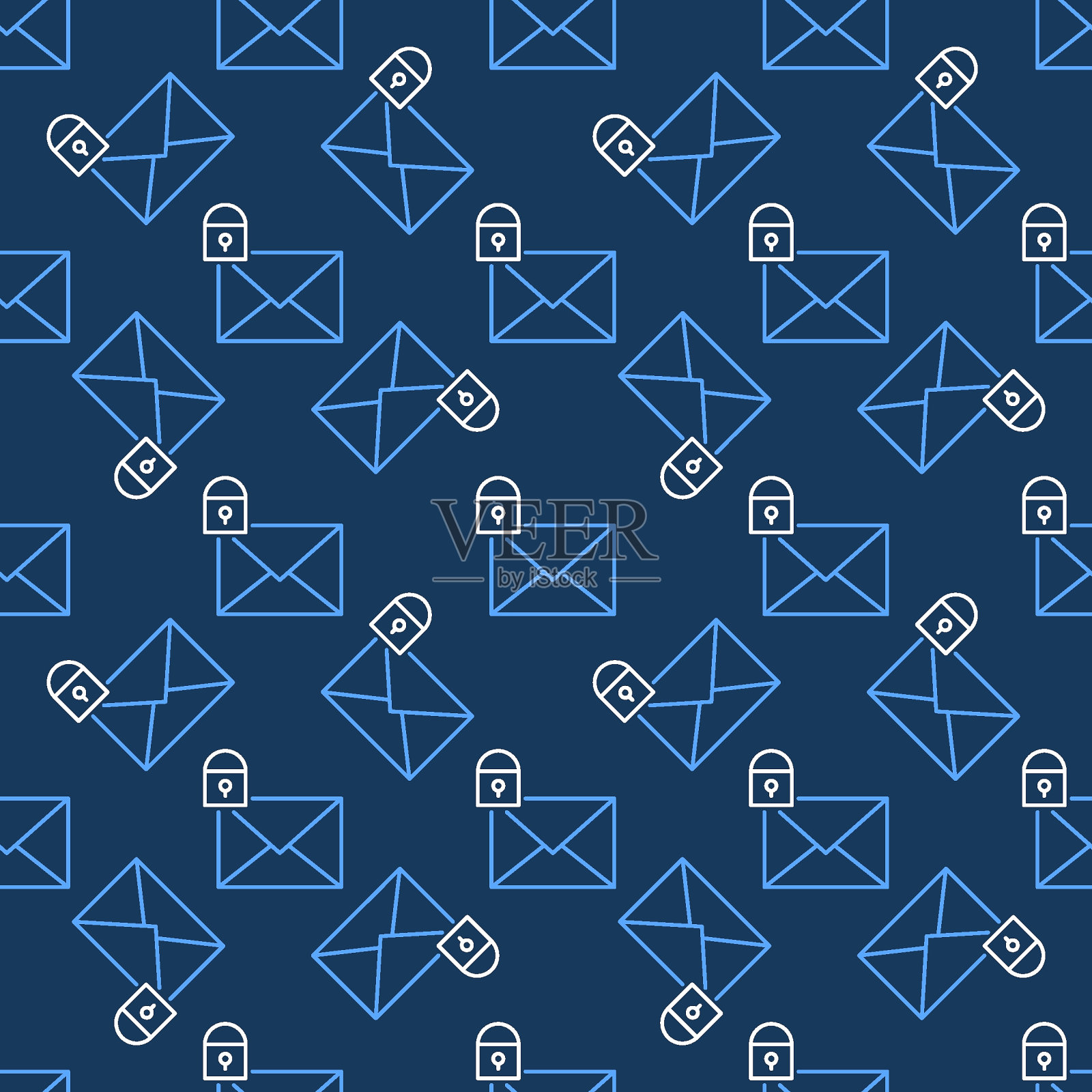 信封与关闭挂锁矢量蓝线无缝模式插画图片素材