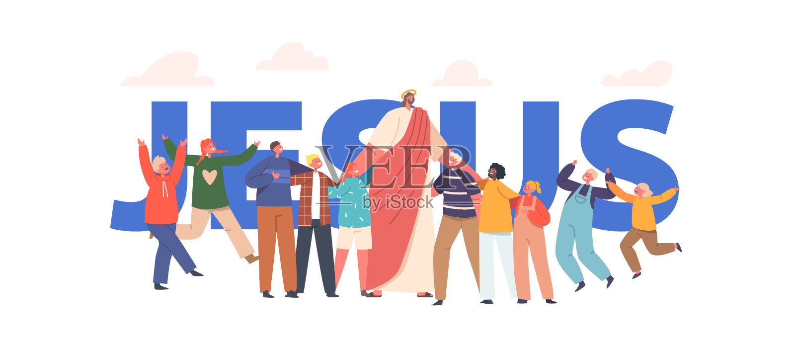 耶稣和孩子精神宗教海报，圣经人物被微笑的孩子包围。孩子们的朋友，上帝的爱插画图片素材