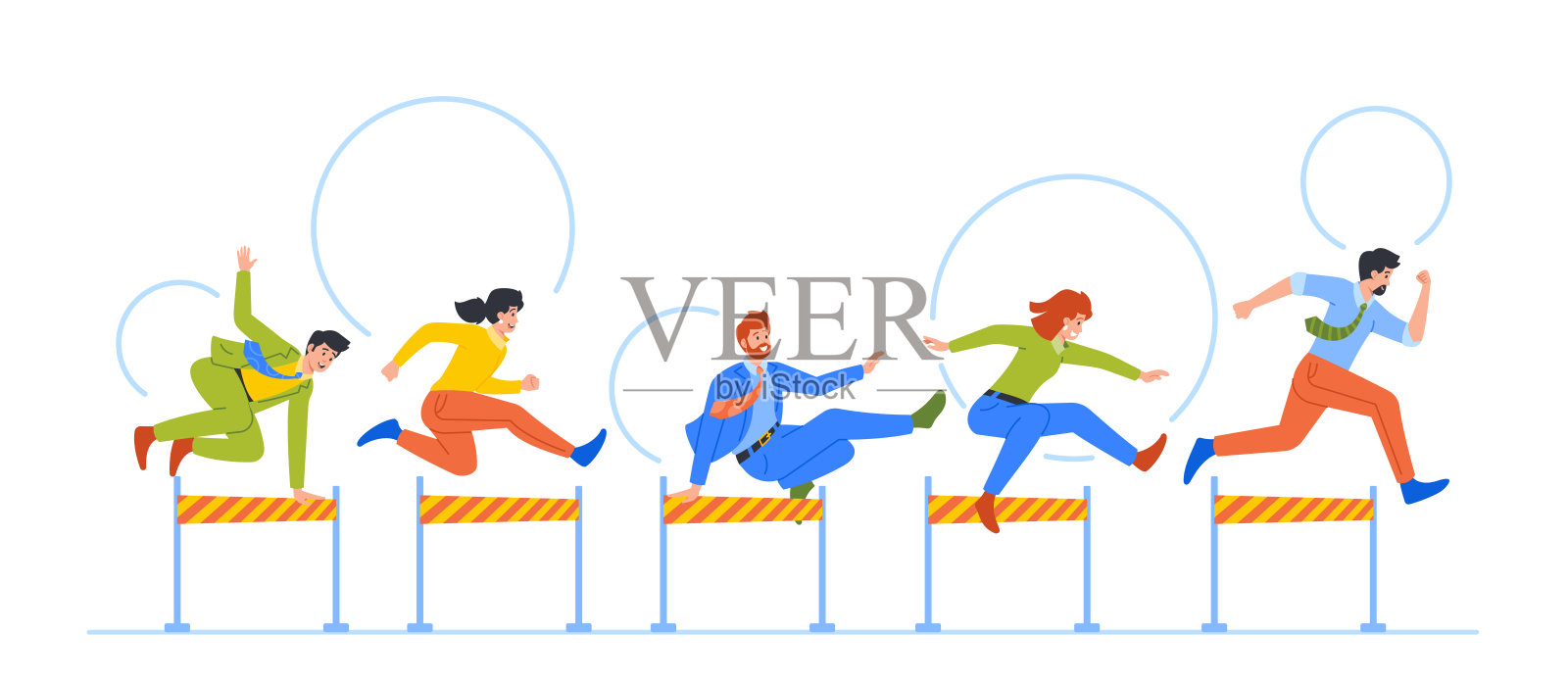 商务人士与障碍赛跑，克服挑战。团队合作、领导力和克服插画图片素材