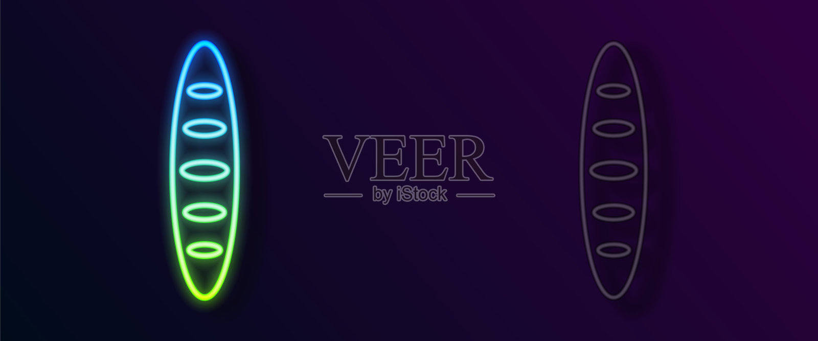 发光的霓虹灯线法国法棍面包图标隔离在黑色背景。向量插画图片素材