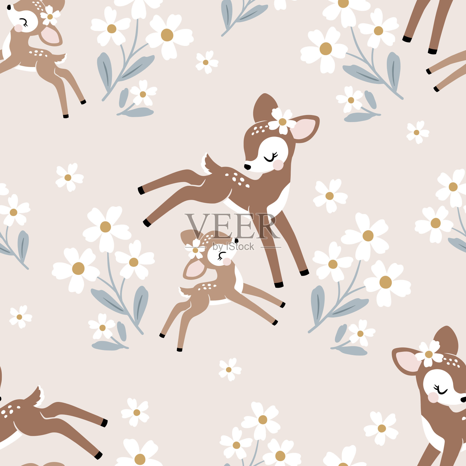 无缝矢量图案与可爱的复古鹿妈妈和宝宝在花的背景插画图片素材