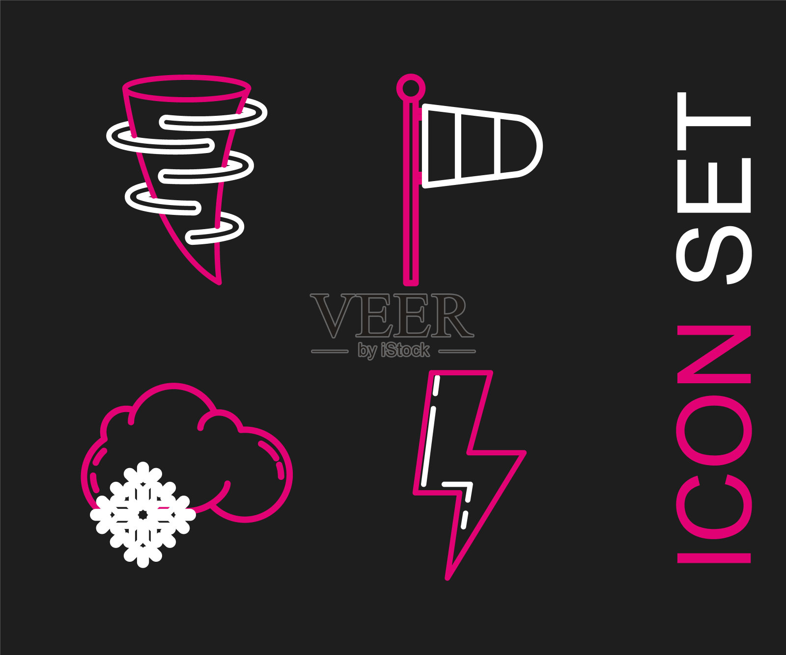 设置线闪电，云与雪，锥形气象风向标风向标和龙卷风图标。向量图标素材