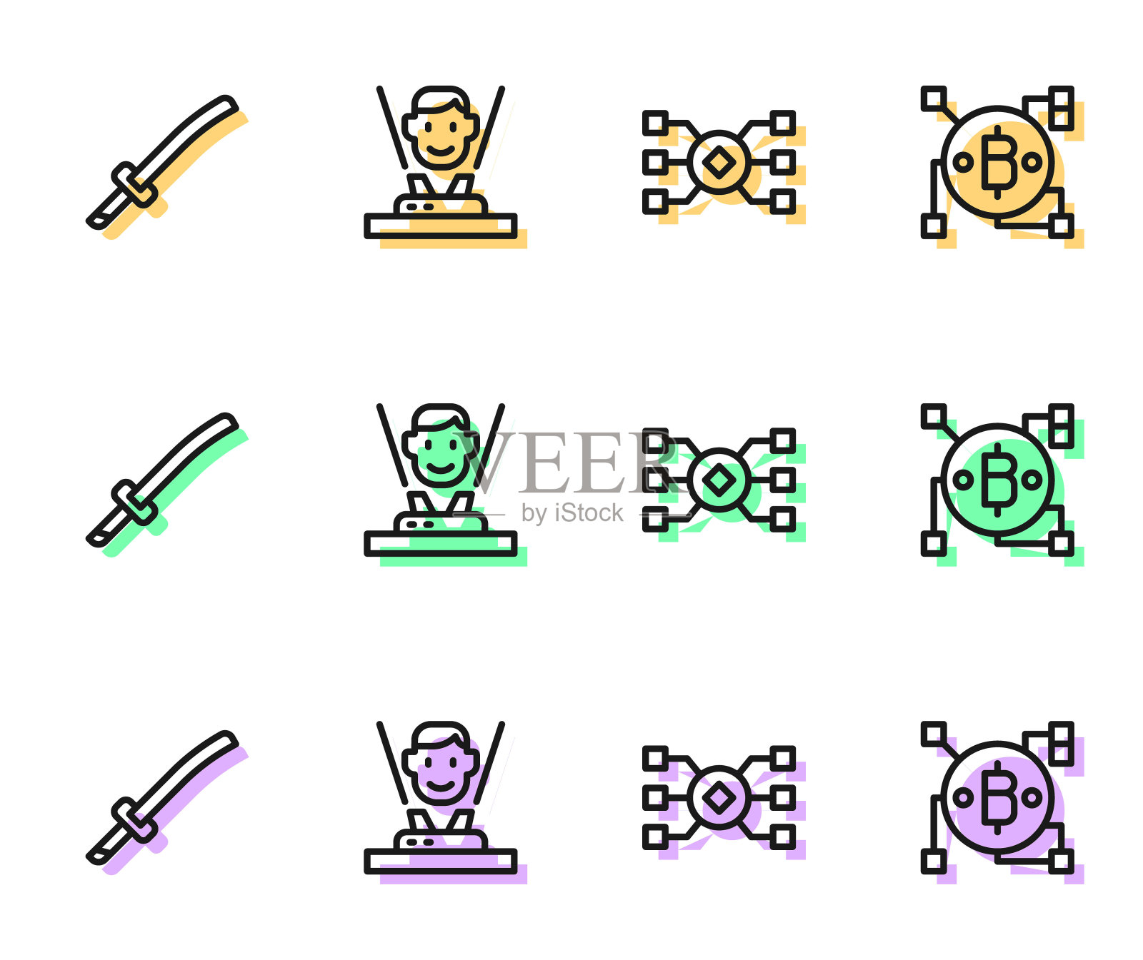 集线神经网络，武士刀，全息图和区块链技术比特币图标。向量图标素材