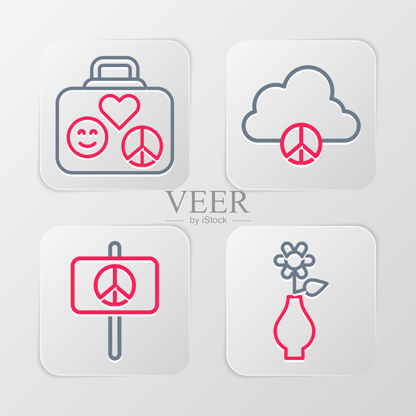 在花瓶和平云和手提箱中设置线花图标素材