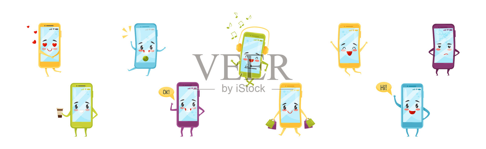 可爱快乐的智能手机字符从事插画图片素材