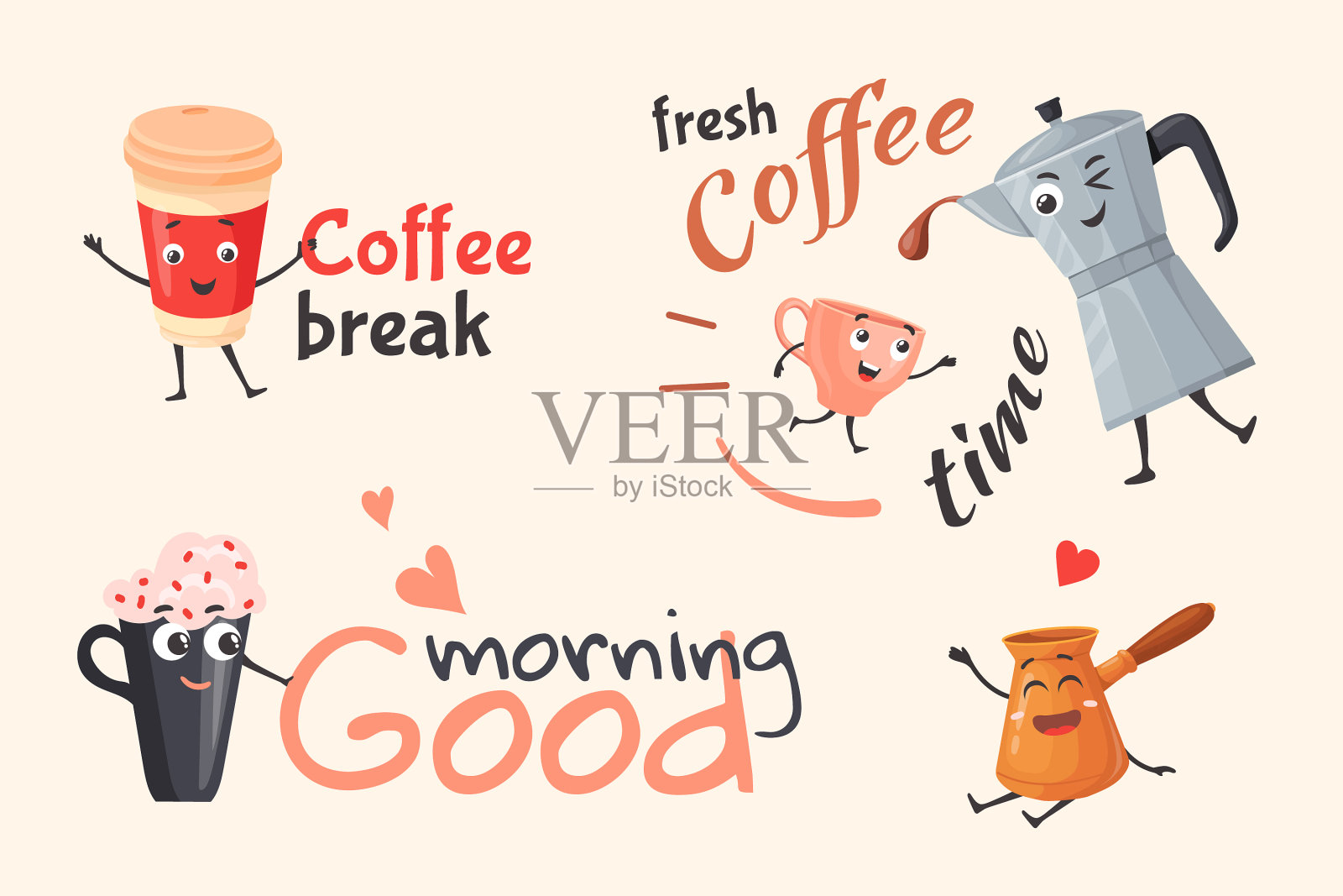 咖啡壶卡通人物摩卡咖啡壶和插画图片素材