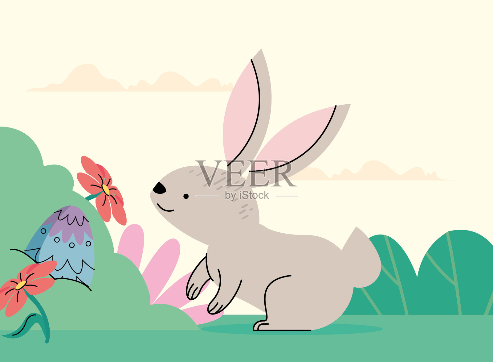 可爱的米色兔子在花园里插画图片素材