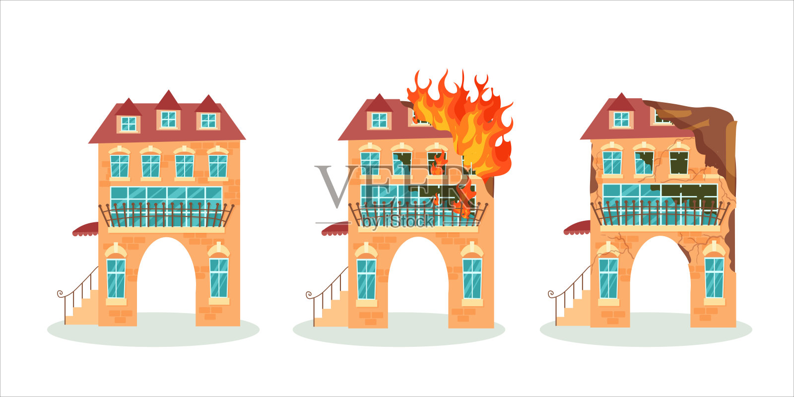 火灾或地震后被摧毁的建筑物。战后被毁的城市建筑。残破的城市，破旧不堪的房屋。矢量插图隔离在白色背景上。插画图片素材