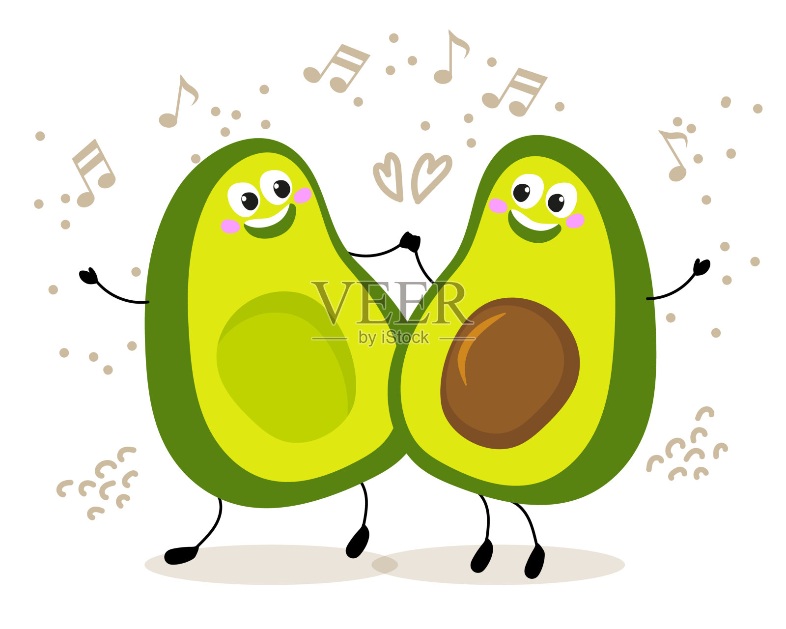 Cute two halves of an avocado dance to the music on a white background.插画图片素材