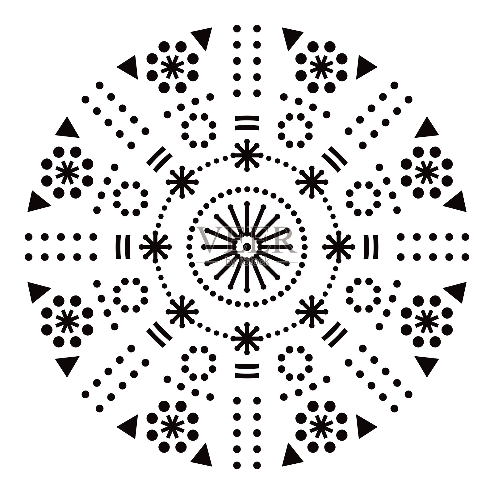 几何矢量设计与点，花，三角形，圆形黑白设计-瑜伽，禅宗，正念概念插画图片素材