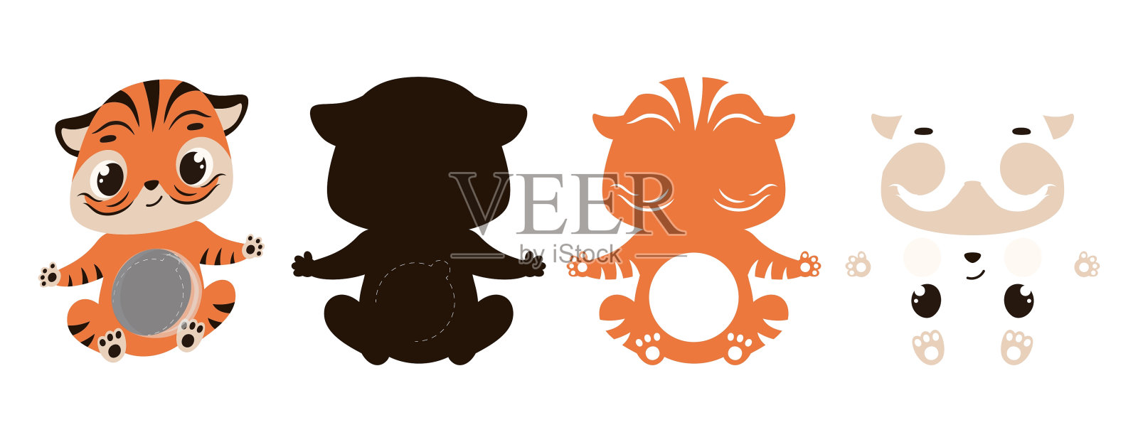 可爱的老虎糖果装饰。分层纸装饰处理支架圆顶。糖果衣架，生日糖果，婴儿送礼会，万圣节，圣诞节。打印，裁剪，胶水。矢量图插画图片素材