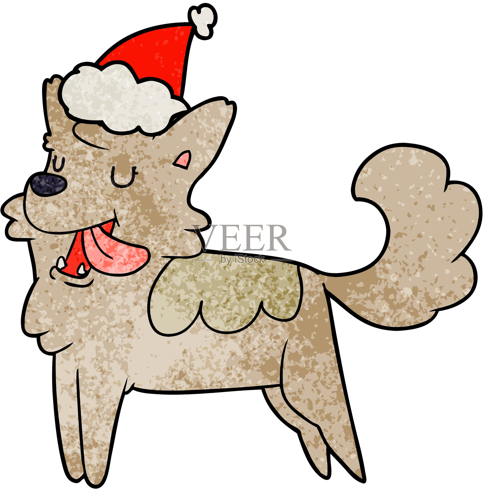 手绘纹理卡通的快乐的狗戴着圣诞老人的帽子插画图片素材
