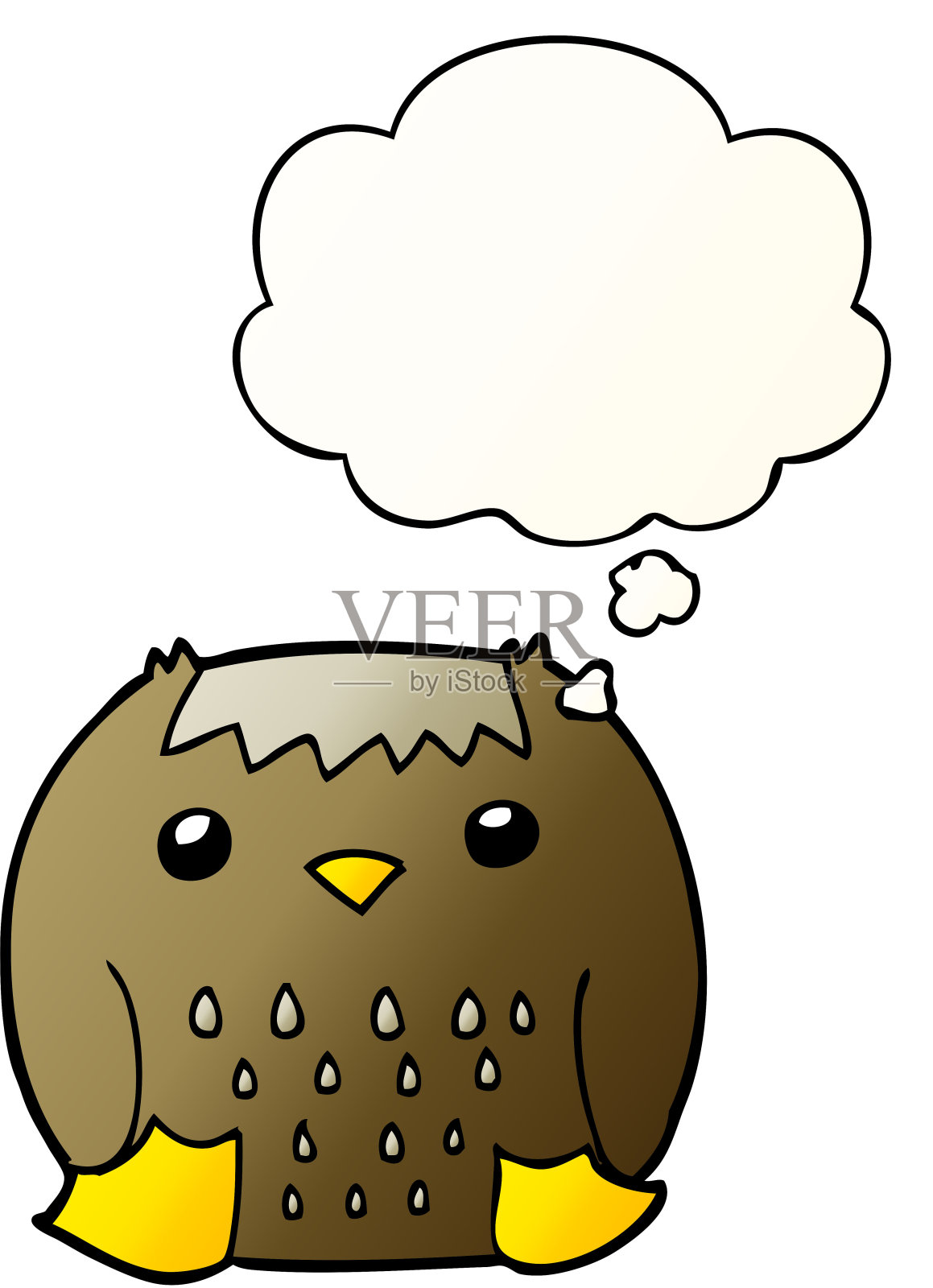 卡通猫头鹰与思想泡沫在平滑渐变风格插画图片素材